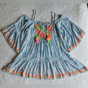 MISS JUNE PARIS Peasant Blouse Top White Blue Paisley, Pink Embroidered Tassels